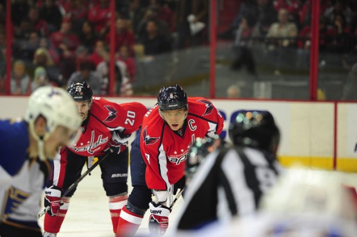 Ovechkin awaits for the faceoff against the Blues. (Tom Turk/THW)